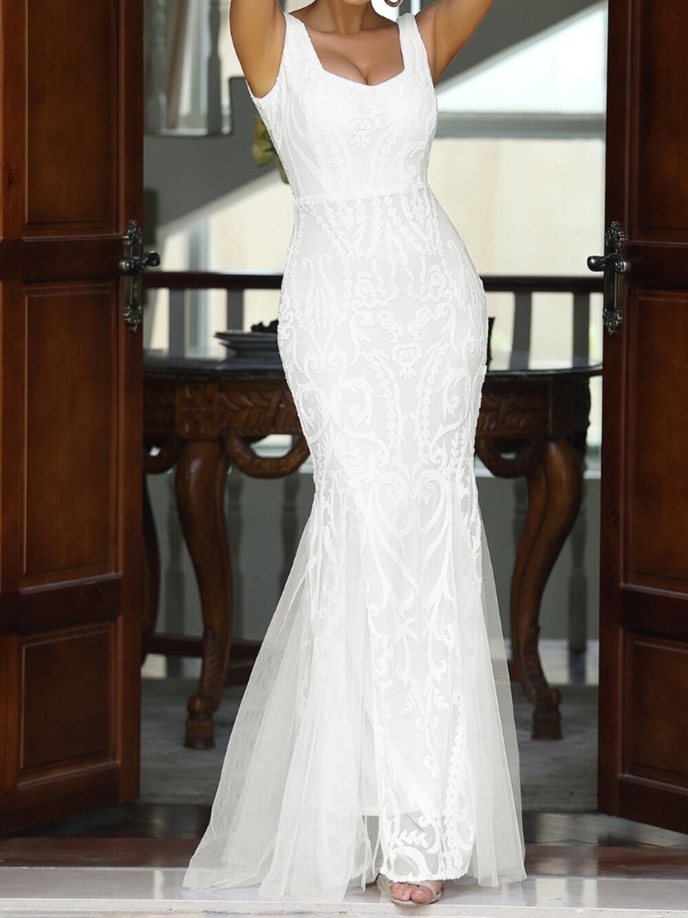 White Glamorous Women's Mermaid Hem Mesh Sequin Formal Gown - Picture 7 of 7